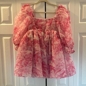 Selkie Pink Floral Puff Sleeve Top with Ruffled Trim
